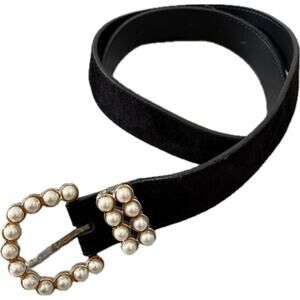Vintage Black Velvet Belt Pearl Buckle Genuine Leather Y2K Coquette Preppy M